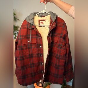 Levi's Men's Red Checkered Jacket with Gray Hood